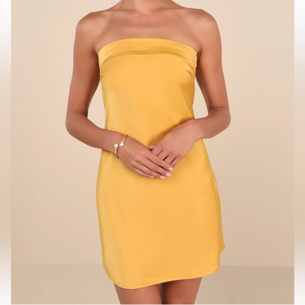 Lulus Exquisite Approach Marigold Satin Strapless Cowl Back Mini Dress Xl